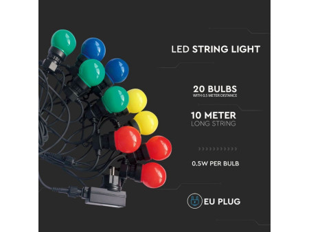 SKU 7438 VT-71020 V-TAC Catenaria LED 10m con 20 Lampadine RGB 10W con Schuko Nera IP44