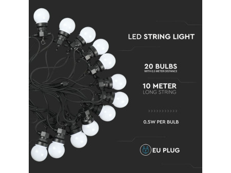 SKU 7439 VT-71020 V-TAC Catenaria LED 10m con 20 Lampadine 10W con Schuko Bianca 3000K IP44
