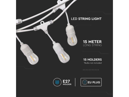 SKU 7699 VT-713 V-TAC Catenaria LED 15m per 15 Lampadine E27 (max 40W) con Presa e Spina Bianca IP65