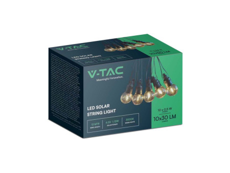 SKU 7804 VT-70512 V-TAC Catenaria LED Solare 12m con 10 Lampadine 0.5W con Telecomando 3000K IP44