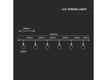 SKU 8971 VT-720S V-TAC Catenaria LED 3m per 6 Lampadine E27 (max 60W) con Diffusori Globo Trasparenti IP65