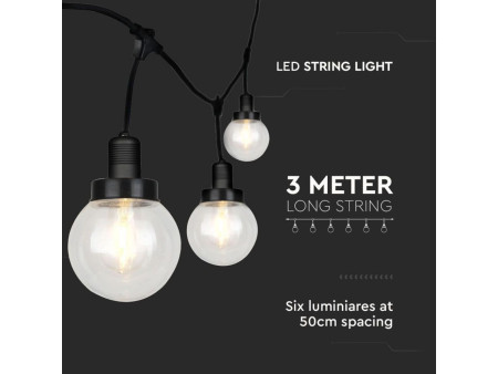 SKU 8971 VT-720S V-TAC Catenaria LED 3m per 6 Lampadine E27 (max 60W) con Diffusori Globo Trasparenti IP65