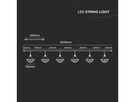 SKU 8974 VT-717S V-TAC Catenaria LED 3m per 6 Lampadine E27 (max 60W) Lanterne Diffusori Nere IP65