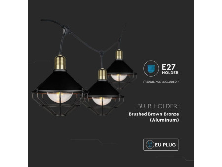 SKU 8974 VT-717S V-TAC Catenaria LED 3m per 6 Lampadine E27 (max 60W) Lanterne Diffusori Nere IP65