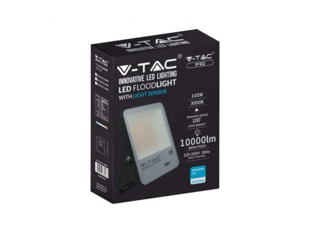 SKU 20177 VT-117 V-TAC PRO Faro LED SMD Chip Samsung 100W 100LM/W con Sensore Crepuscolare Nero 6500K IP65