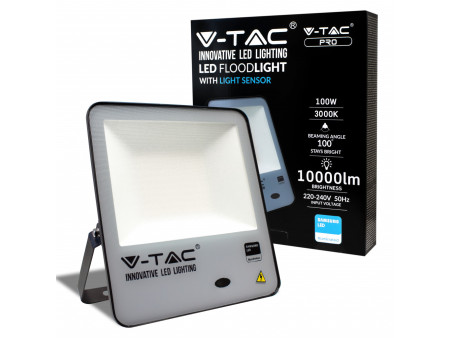 SKU 20175 VT-117 V-TAC PRO Faro LED SMD Chip Samsung 100W 100LM/W con Sensore Crepuscolare Nero 3000K IP65