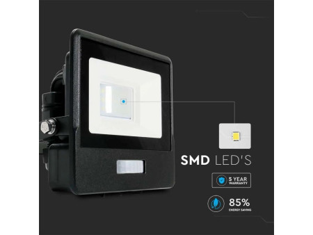 SKU 20256 VT-118S V-TAC PRO Faro LED SMD Chip Samsung 10W con Sensore PIR Nero 3000K IP65