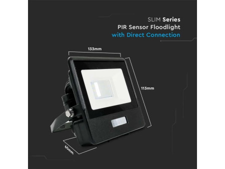 SKU 20257 VT-118S V-TAC PRO Faro LED SMD Chip Samsung 10W con Sensore PIR Nero 4000K IP65