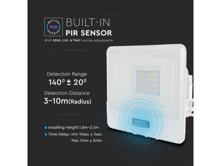 SKU 20273 VT-128S V-TAC PRO Faro LED SMD Chip Samsung 20W con Sensore PIR Bianco 6500K IP65