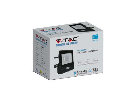 SKU 20282 VT-118S-1 V-TAC PRO Faro LED SMD Chip Samsung 10W con Sensore PIR Cavo 1m Nero 6500K IP65