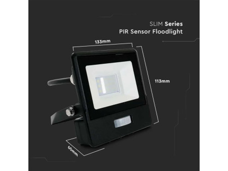 SKU 20282 VT-118S-1 V-TAC PRO Faro LED SMD Chip Samsung 10W con Sensore PIR Cavo 1m Nero 6500K IP65