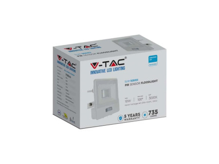 SKU 20294 VT-118S V-TAC PRO Faro LED SMD Chip Samsung 10W con Sensore PIR Cavo 1m Bianco 6500K IP65