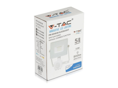SKU 435 VT-10-S-W V-TAC PRO Faro LED SMD Chip Samsung 10W con Sensore PIR/Crepuscolare e Interruttore Bianco 6400K IP65
