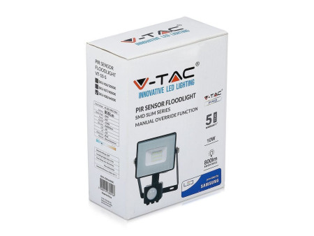SKU 438 VT-10-S-B V-TAC PRO Faro LED SMD Chip Samsung 10W con Sensore PIR/Crepuscolare e Interruttore Nero 6400K IP65