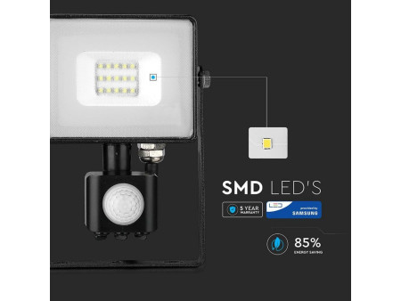 SKU 436 VT-10-S-B V-TAC PRO Faro LED SMD Chip Samsung 10W con Sensore PIR/Crepuscolare e Interruttore Nero 3000K IP65