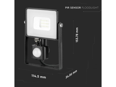 SKU 438 VT-10-S-B V-TAC PRO Faro LED SMD Chip Samsung 10W con Sensore PIR/Crepuscolare e Interruttore Nero 6400K IP65