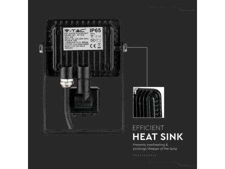 SKU 437 VT-10-S-B V-TAC PRO Faro LED SMD Chip Samsung 10W con Sensore PIR/Crepuscolare e Interruttore Nero 4000K IP65
