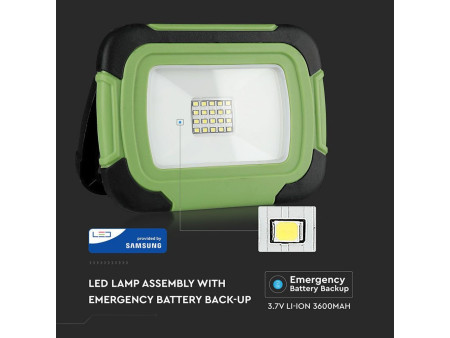 SKU 503 VT-10-R V-TAC PRO Faro LED SMD Chip Samsung 10W Ricaricabile con USB 6400K IP44