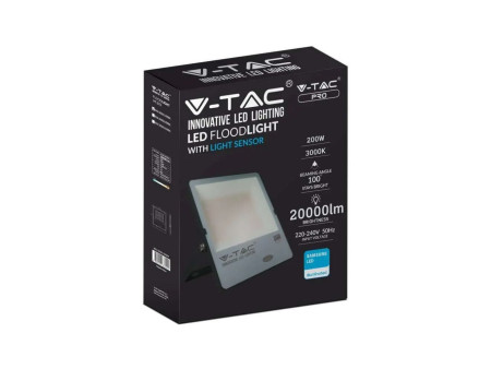 SKU 20183 VT-272 V-TAC PRO Faro LED SMD Chip Samsung 200W 100LM/W con Sensore Crepuscolare Nero 6500K IP65