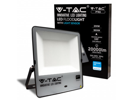 SKU 20182 VT-272 V-TAC PRO Faro LED SMD Chip Samsung 200W 100LM/W con Sensore Crepuscolare Nero 4000K IP65