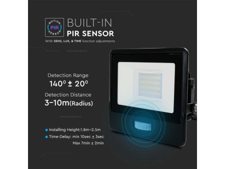 SKU 20261 VT-128S V-TAC PRO Faro LED SMD Chip Samsung 20W con Sensore PIR Nero 6500K IP65