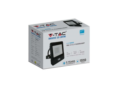 SKU 20284 VT-128S-1 V-TAC PRO Faro LED SMD Chip Samsung 20W con Sensore PIR Cavo 1m Nero 4000K IP65