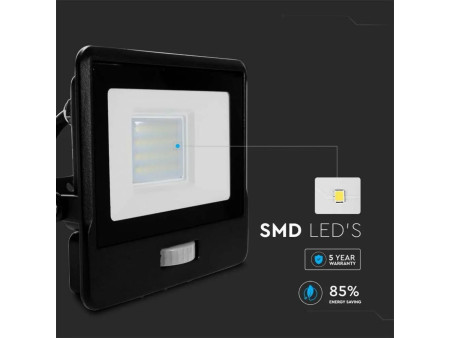 SKU 20284 VT-128S-1 V-TAC PRO Faro LED SMD Chip Samsung 20W con Sensore PIR Cavo 1m Nero 4000K IP65