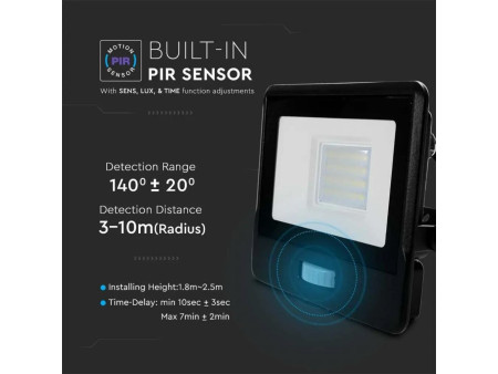 SKU 20284 VT-128S-1 V-TAC PRO Faro LED SMD Chip Samsung 20W con Sensore PIR Cavo 1m Nero 4000K IP65