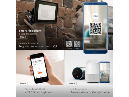 SKU 3025 VT-5182 V-TAC Faro LED 20W Compatibile con Google Home e Amazon Alexa Tramite App V-Tac Smart RGB + 3000K + 6500K