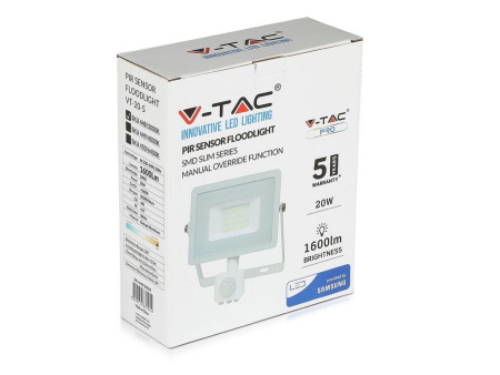 SKU 448 VT-20-S-B V-TAC PRO Faro LED SMD Chip Samsung 20W con Sensore PIR/Crepuscolare e Interruttore Bianco 3000K IP65