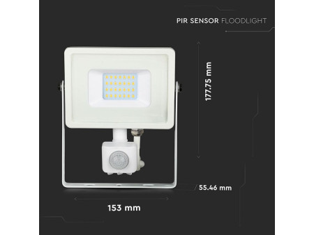 SKU 448 VT-20-S-B V-TAC PRO Faro LED SMD Chip Samsung 20W con Sensore PIR/Crepuscolare e Interruttore Bianco 3000K IP65