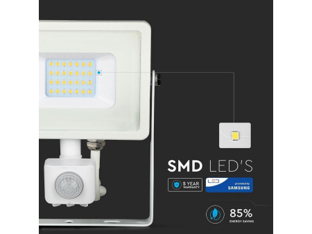 SKU 448 VT-20-S-B V-TAC PRO Faro LED SMD Chip Samsung 20W con Sensore PIR/Crepuscolare e Interruttore Bianco 3000K IP65