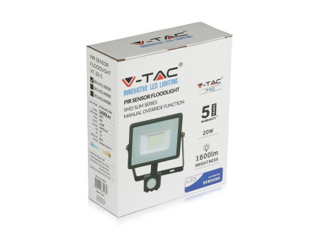 SKU 453 VT-20-S-W V-TAC PRO Faro LED SMD Chip Samsung 20W con Sensore PIR/Crepuscolare e Interruttore Nero 6400K IP65