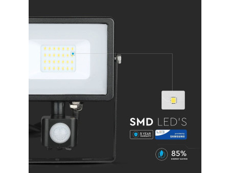 SKU 452 VT-20-S-W V-TAC PRO Faro LED SMD Chip Samsung 20W con Sensore PIR/Crepuscolare e Interruttore Nero 4000K IP65