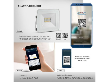 SKU 5984 VT-5020 V-TAC Faro LED Smart SMD 20W RGB+CCT controllo Bluetooth tramite App Bianco IP65