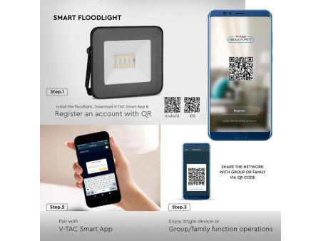 SKU 5985 VT-5020 V-TAC Faro LED Smart SMD 20W RGB+CCT controllo Bluetooth tramite App Nero IP65