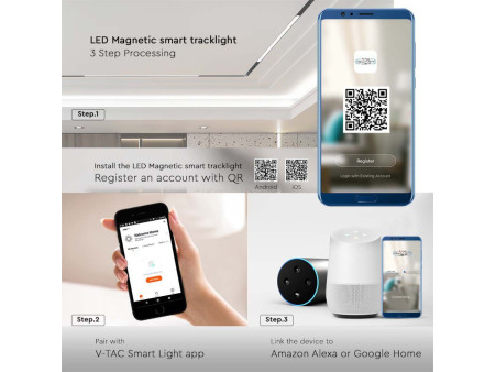 SKU 6885 VT-3621 V-TAC Faretto LED Binario Magnetico Regolabile 20W 48V Nero per Google Home e Alexa 3in1