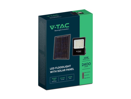 SKU 6971 VT-55300 V-TAC Faro LED Solare 20W con Telecomando e Batteria LFP Cavo 5m Nero 4000K