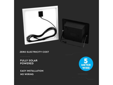 SKU 94010 VT-60W V-TAC Faro LED Solare 20W con Telecomando e Batteria LFP Timer Cavo 5m Nero 6000K