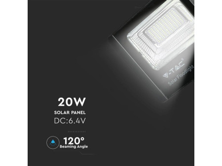 SKU 94010 VT-60W V-TAC Faro LED Solare 20W con Telecomando e Batteria LFP Timer Cavo 5m Nero 6000K
