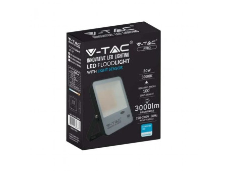 SKU 20171 VT-37 V-TAC PRO Faro LED SMD Chip Samsung 30W 100LM/W con Sensore Crepuscolare Nero 6500K IP65