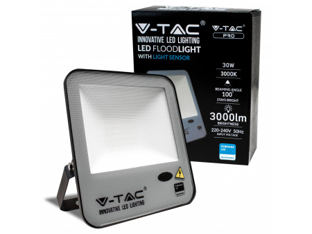 SKU 20171 VT-37 V-TAC PRO Faro LED SMD Chip Samsung 30W 100LM/W con Sensore Crepuscolare Nero 6500K IP65