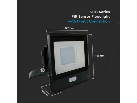 SKU 20262 VT-138S V-TAC PRO Faro LED SMD Chip Samsung 30W con Sensore PIR Nero 3000K IP65