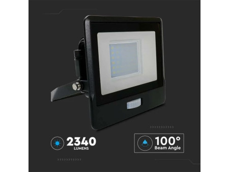 SKU 20262 VT-138S V-TAC PRO Faro LED SMD Chip Samsung 30W con Sensore PIR Nero 3000K IP65
