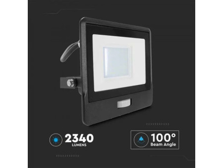 SKU 20287 VT-138S-1 V-TAC PRO Faro LED SMD Chip Samsung 30W con Sensore PIR Cavo 1m Nero 4000K IP65