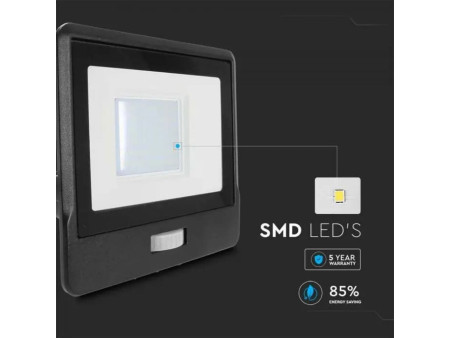 SKU 20288 VT-138S-1 V-TAC PRO Faro LED SMD Chip Samsung 30W con Sensore PIR Cavo 1m Nero 6500K IP65