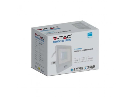 SKU 20300 VT-138S-1 V-TAC PRO Faro LED SMD Chip Samsung 30W con Sensore PIR Cavo 1m Bianco 6500K IP65