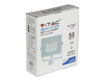 SKU 458 VT-30-S-W V-TAC PRO Faro LED SMD Chip Samsung 30W con Sensore PIR/Crepuscolare e Interruttore Bianco 4000K IP65