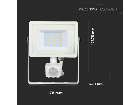 SKU 457 VT-30-S-W V-TAC PRO Faro LED SMD Chip Samsung 30W con Sensore PIR/Crepuscolare e Interruttore Bianco 3000K IP65