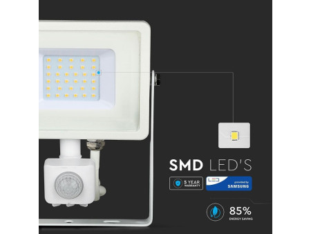 SKU 459 VT-30-S-W V-TAC PRO Faro LED SMD Chip Samsung 30W con Sensore PIR/Crepuscolare e Interruttore Bianco 6400K IP65